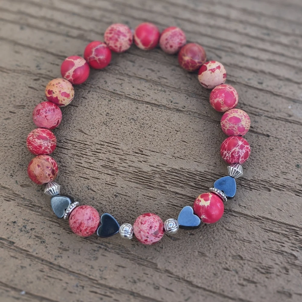 Real Red Imperial Jasper and Hematite Heart Beaded Bracelet - Picture 1 of 2